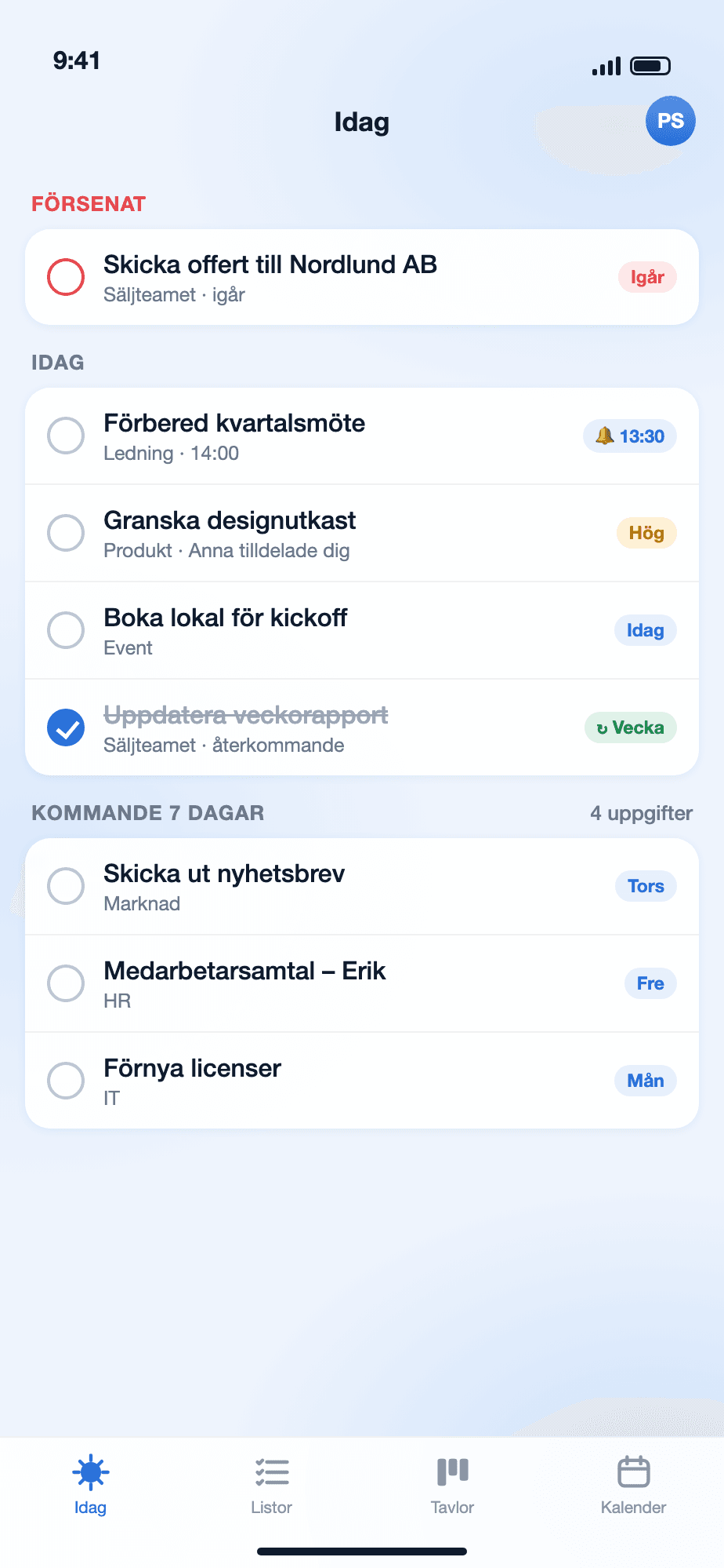Skärmbild av ToDoo-fliken Idag med försenade uppgifter, dagens uppgifter och kommande 7 dagar