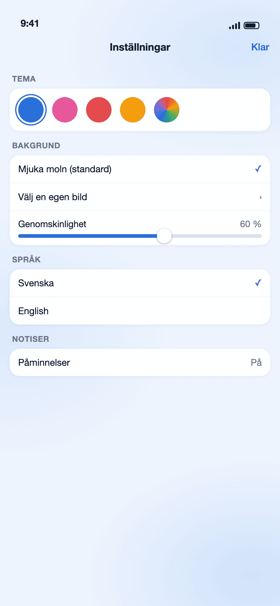 Inställningar med färgtema, bakgrund, genomskinlighet, språk och notiser