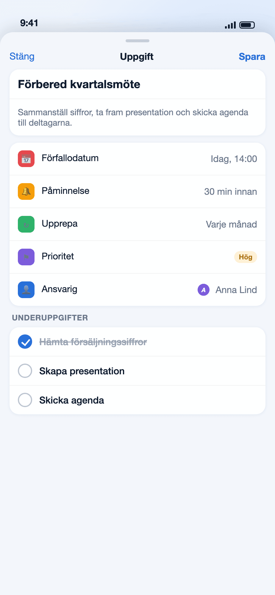 Uppgiftsvy med förfallodatum, påminnelse, upprepning, prioritet, ansvarig och underuppgifter